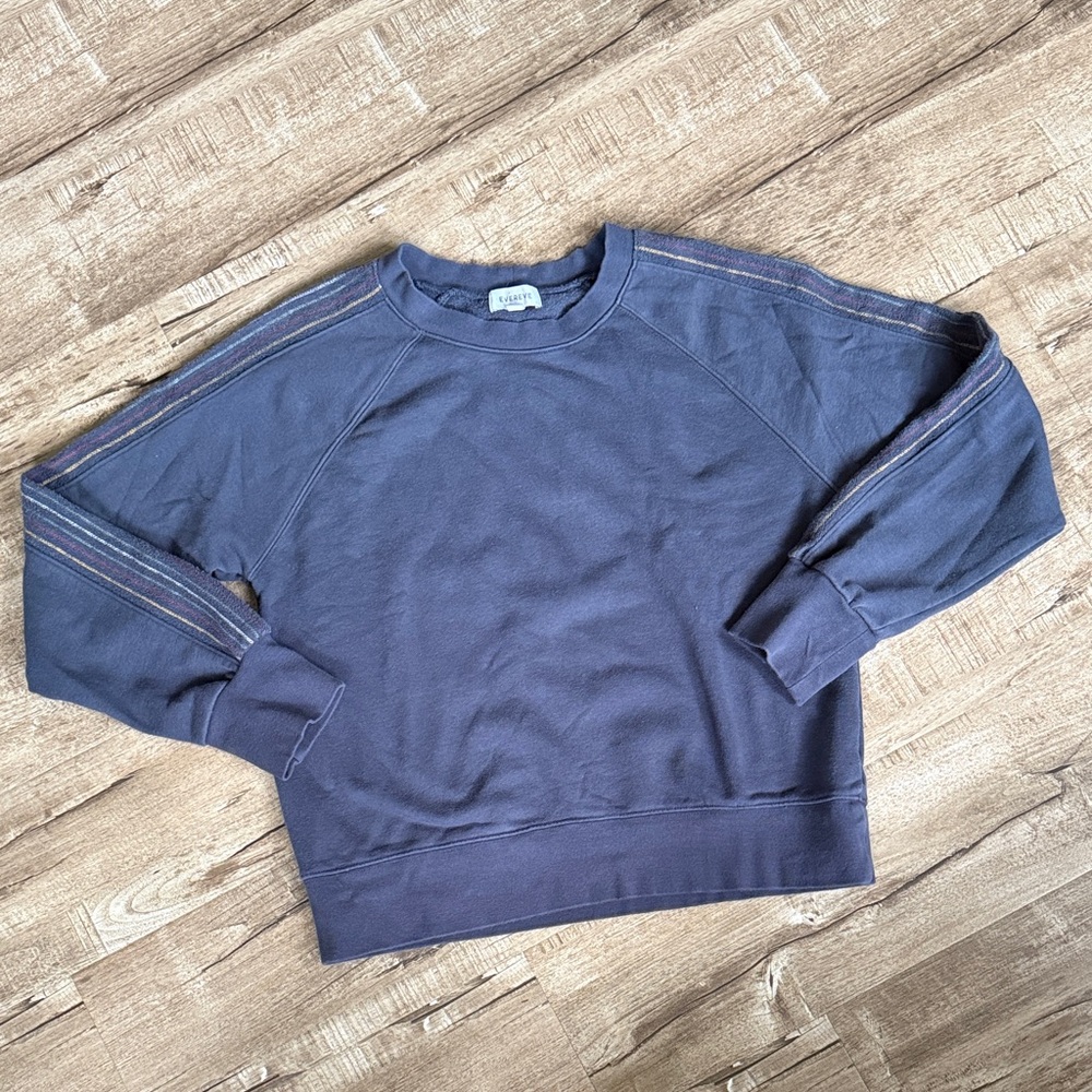 Evereve Denim Blue Sweatshirt multi colored embroidered stripes on arms Med